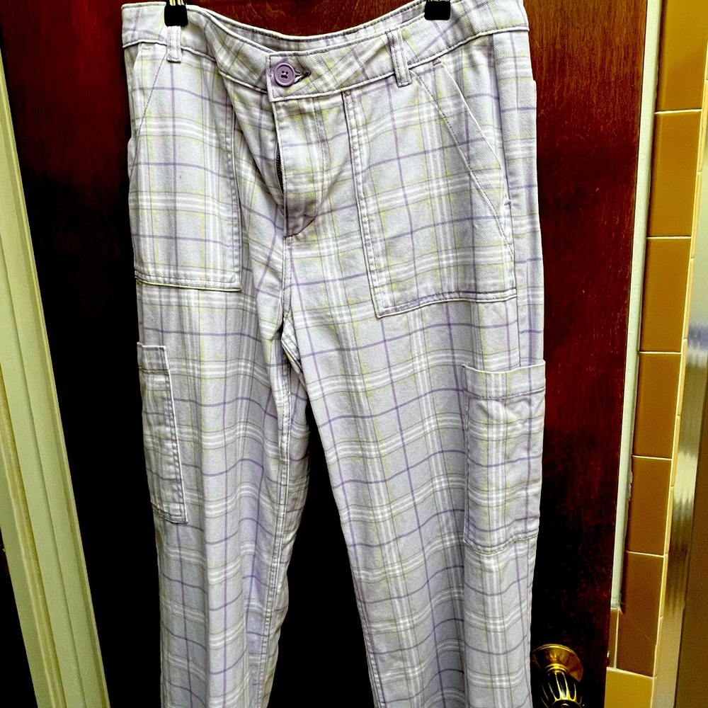 Wide Leg Plaid Cargo Trousers